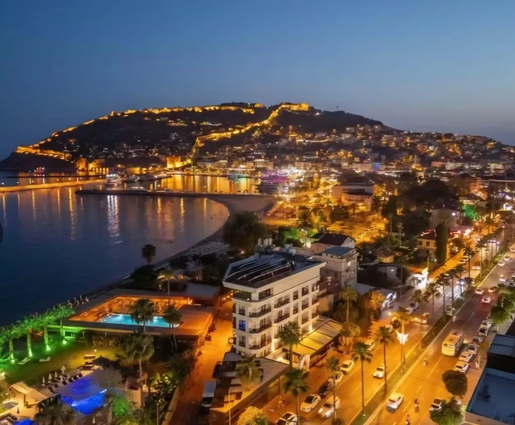 DE'MANOR Boutique Hotel — Alanya Center — aerial night